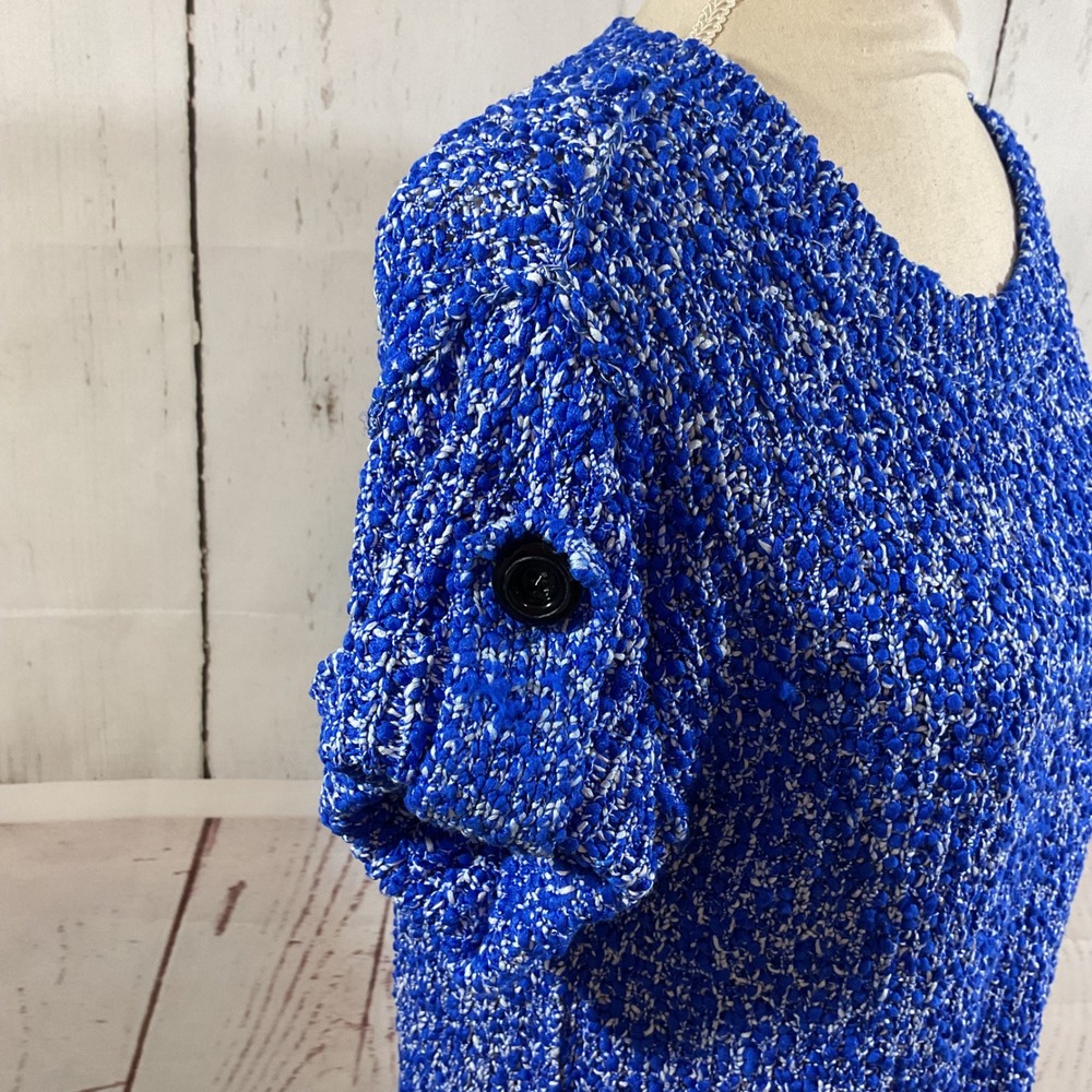 Milly New York Sweater Top S Blue Textured Popcorn Knit Button Tab Short Sleeve - Picture 8 of 15